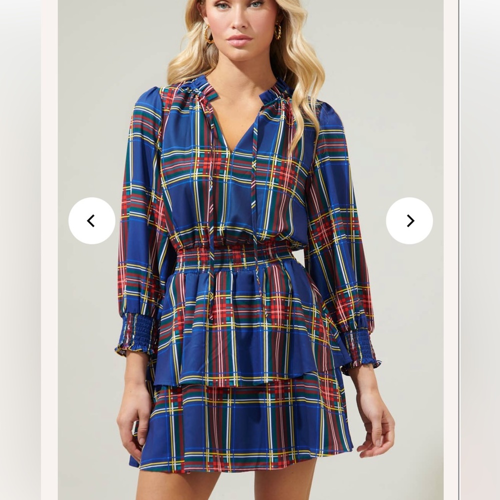 Women’s SugarLips Navy Long sleeve Lakeview Plaid Clifton Double Ruffle Dress